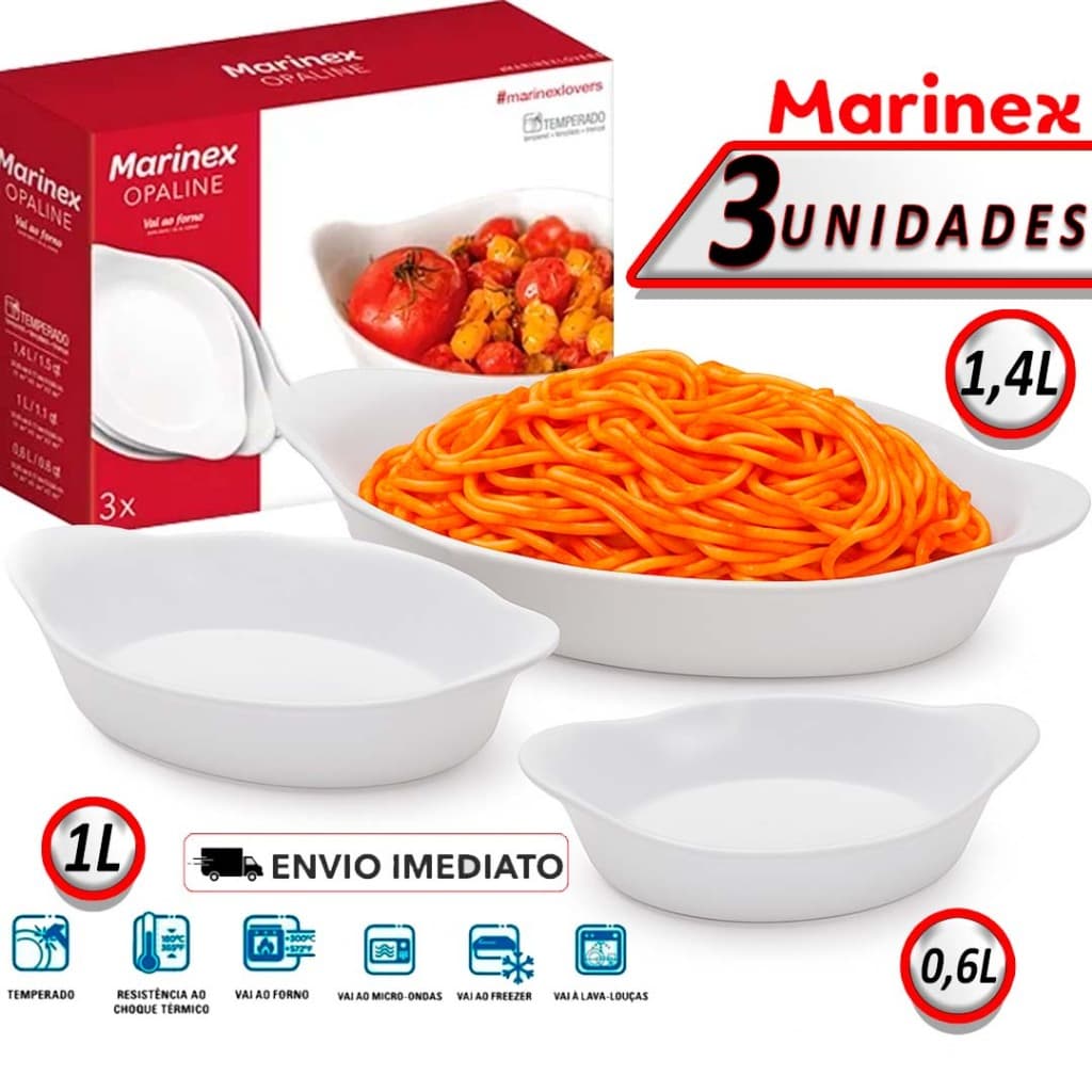 Jogo Kit 3 Marinex Assadeiras Forma Opaline Oval Jogo de Assadeira Vidro Branco PMG Gourmet