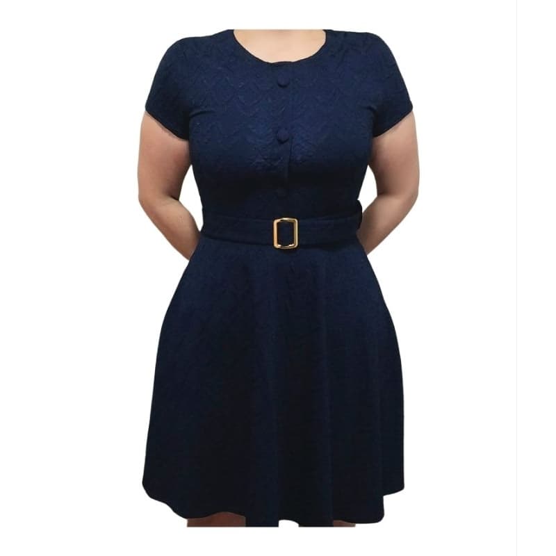 Vestido jacquard evasê azul escuro moda evangélica