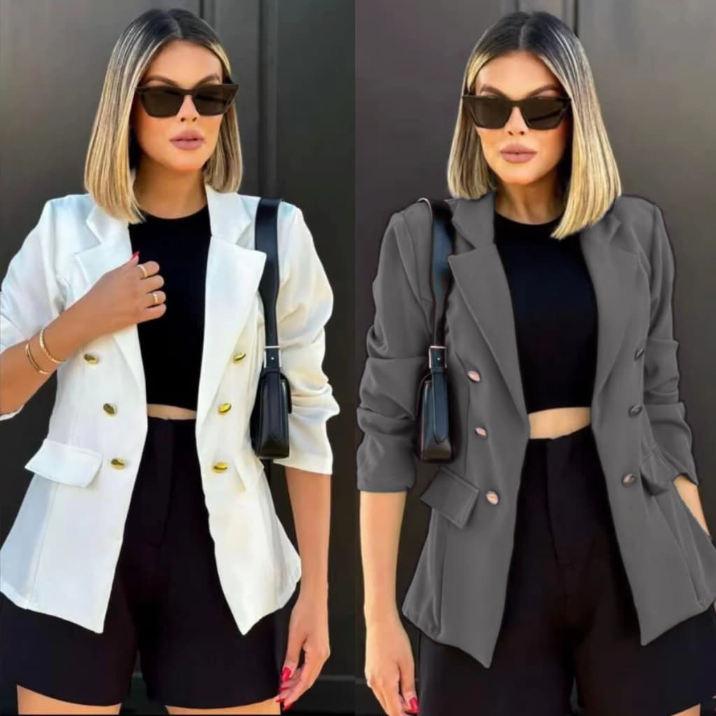 Blazer Feminina Casaquinho Maxi Longo Sobretudo Alfaiataria Social  Com 06 Botão estilosa