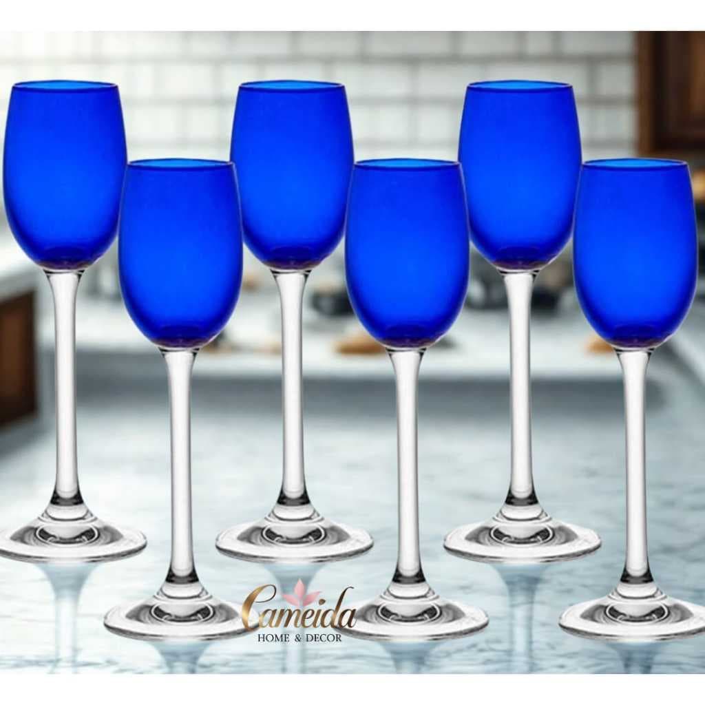 Jogo 6 Taças de Cristal Luxo Azul Alto Brilho Para Licor 65 ml Colibr/ Gastro Bohemia
