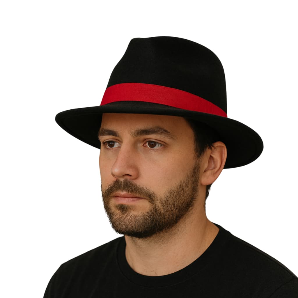 Chapéu Fedora Preto Com Fita Vermelha Para Umbanda Exu Religioso Aba Média Com Regulagem do 58 ao 55