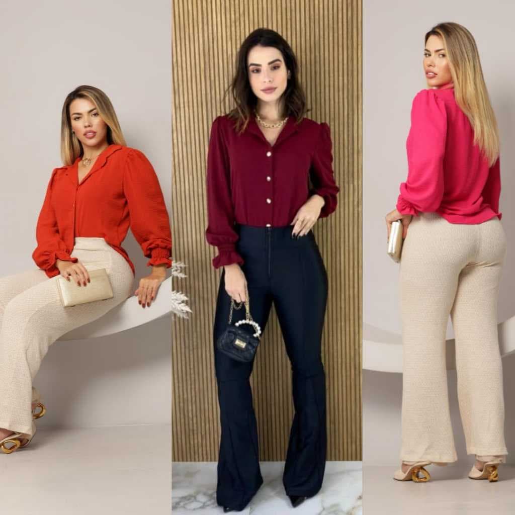 Camisa Feminina Social com Botão Lastex Manga Longa Elegante no Tecido Duna Super Tendências Moda