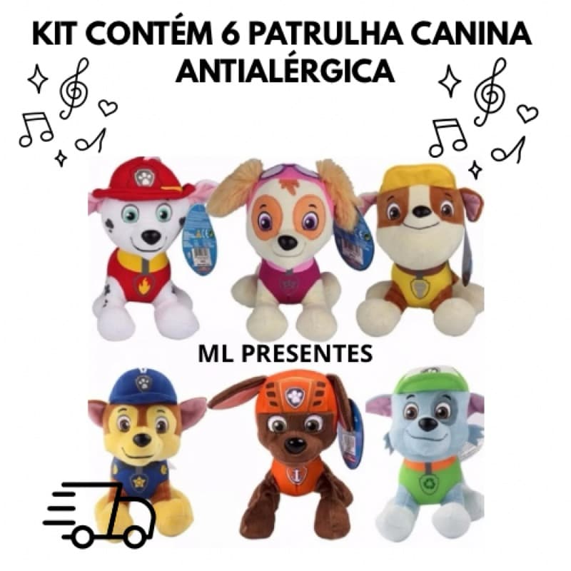 Coleção com 6 Pelúcia Patrulha Canina 20cm Coleção Chase Marshall