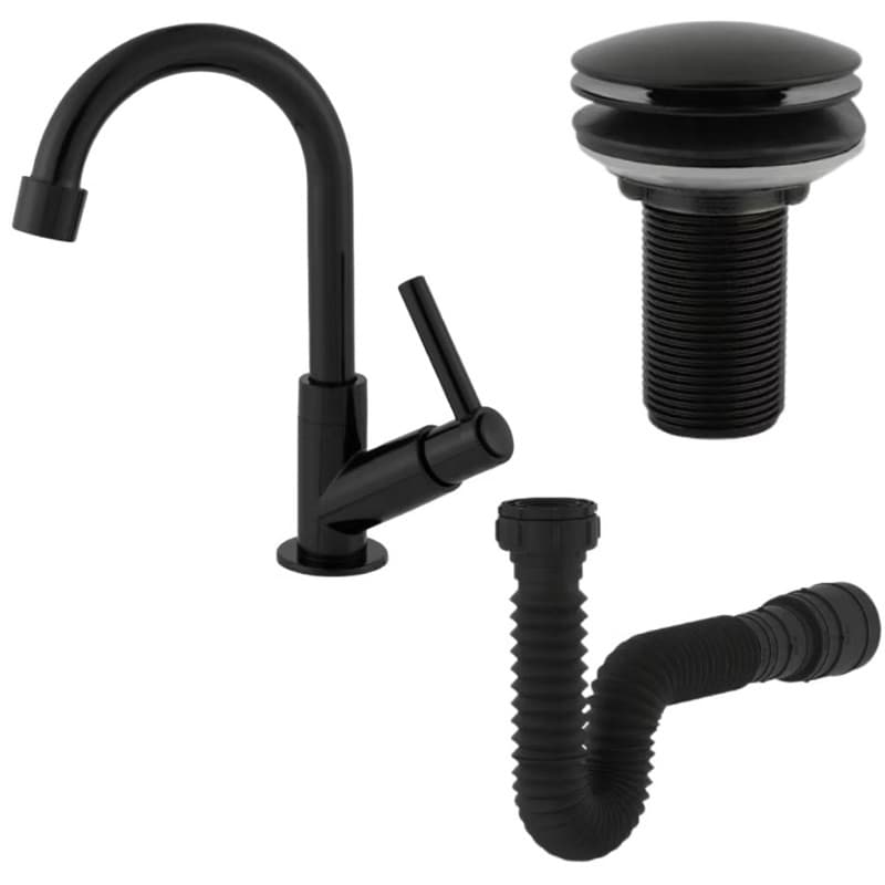 Kit Torneira ABS 1198 Lavatório Preta + Sifão Preto + Válvula Clic ABS – Banheiro Completo e Moderno