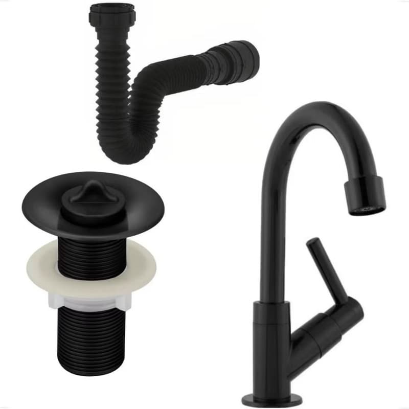 Kit Torneira ABS 1198 Lavatório Preta + Sifão Sanfonado Preto + Válvula 7/8 ABS – Completo para Banheiro