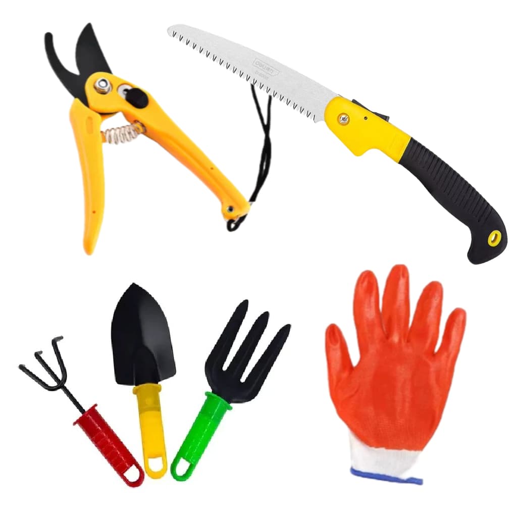 Kit Paisagismo Poda Tesoura Luva Rastelo Pá e Garfo Jardinagem Bonsai mais Serra Dobrável Galho Corte Jardim Horti