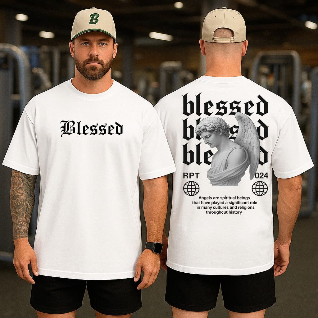 Camiseta Oversized Unissex Blessed Anjo Treino Academia