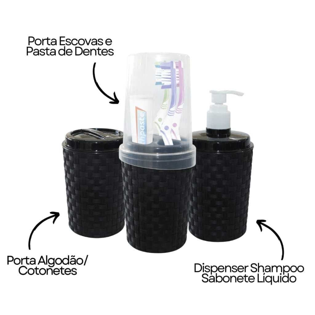 Kit Conjunto Banheiro Dispenser Sabonete Porta Escova E Porta Algodão/Cotonete