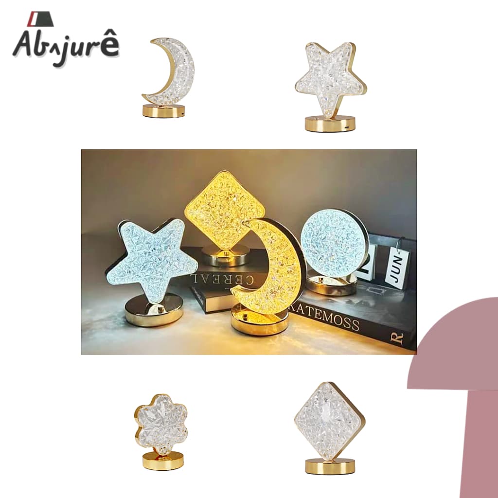Abajur De Mesa Meia Lua Estrela Losango Flor Acrílico Cristal Dourado Diamante Luminária De Mesa LED