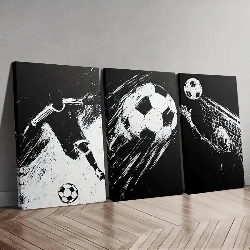 Kit 3 Quadros Decorativos Futebol Preto e Branco Estilo Sketch com Jogador, Bola e Goleiro Quarto Sala Escritorio