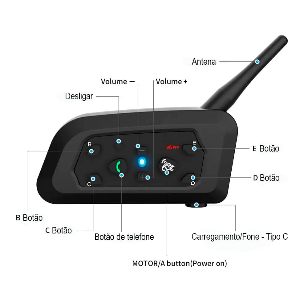 Intercomunicador V6 Pro+ Plus Capacete Moto Bluetooth 5. Ip67 Até 6 Usuários Alcance 1200m Áudio HD e Bateria Longa Dura