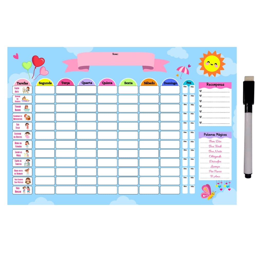 Quadro De Rotina Infantil Recompensa - Quadro de Organização de Atividade e Incentivo - Menina