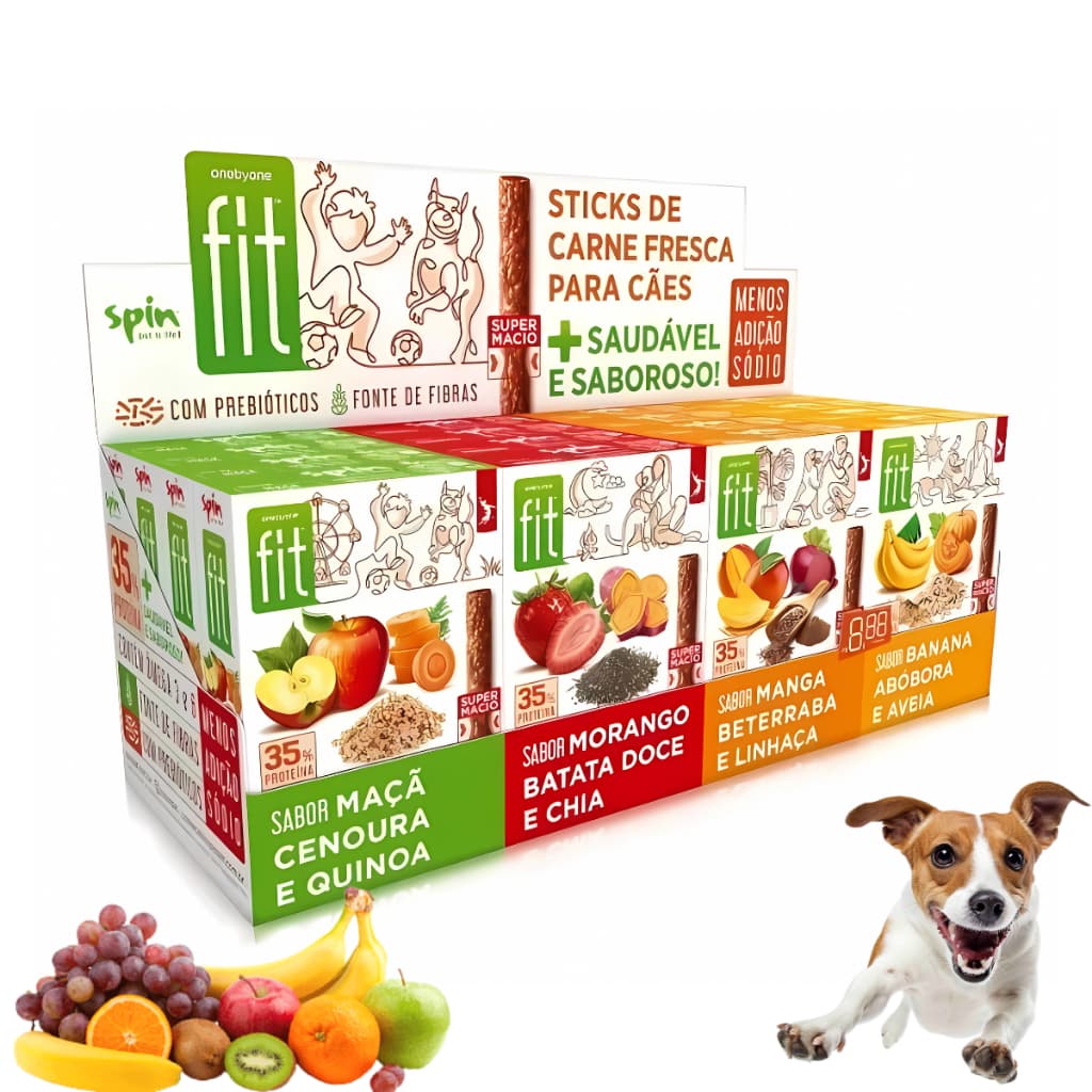 Kit 8 ou 16 Spin Fit Stick Petiisco para Cães com 4 Sabores 50g Maça Morango Manga Banana