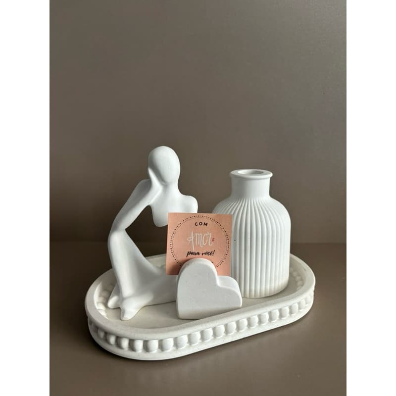 Kit decorativo 4 peças escultura pensador - bandeja orgânica + vaso + escultura pensador + coração para recado casa sala