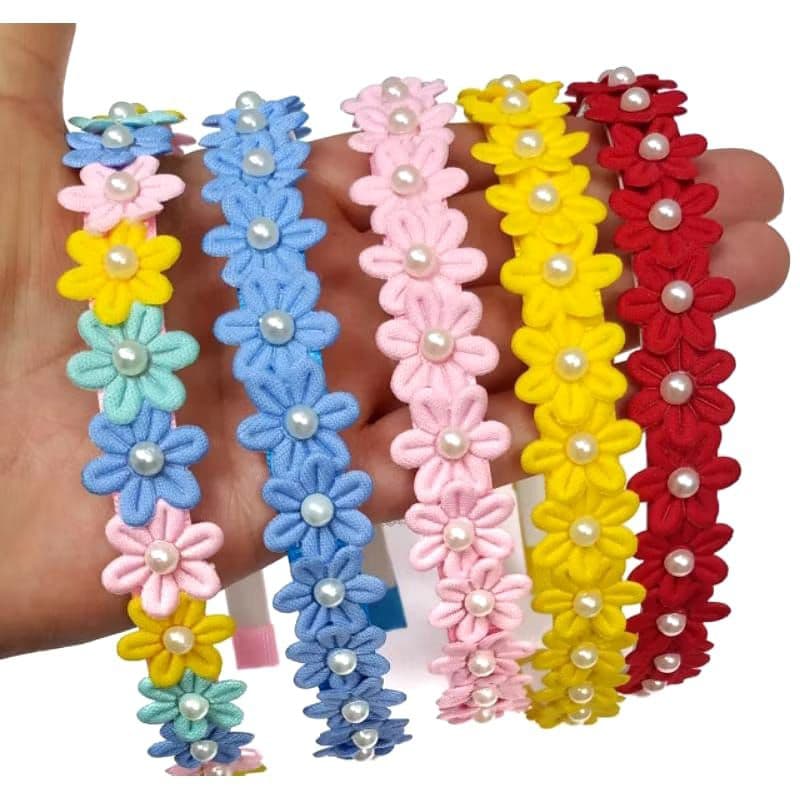 Uma Unidade Arquinho Tiara Dentinho Forrada Com Fita Florzinhas e Meia Pérola Acessório de Cabelo Infantil Menina Tiara