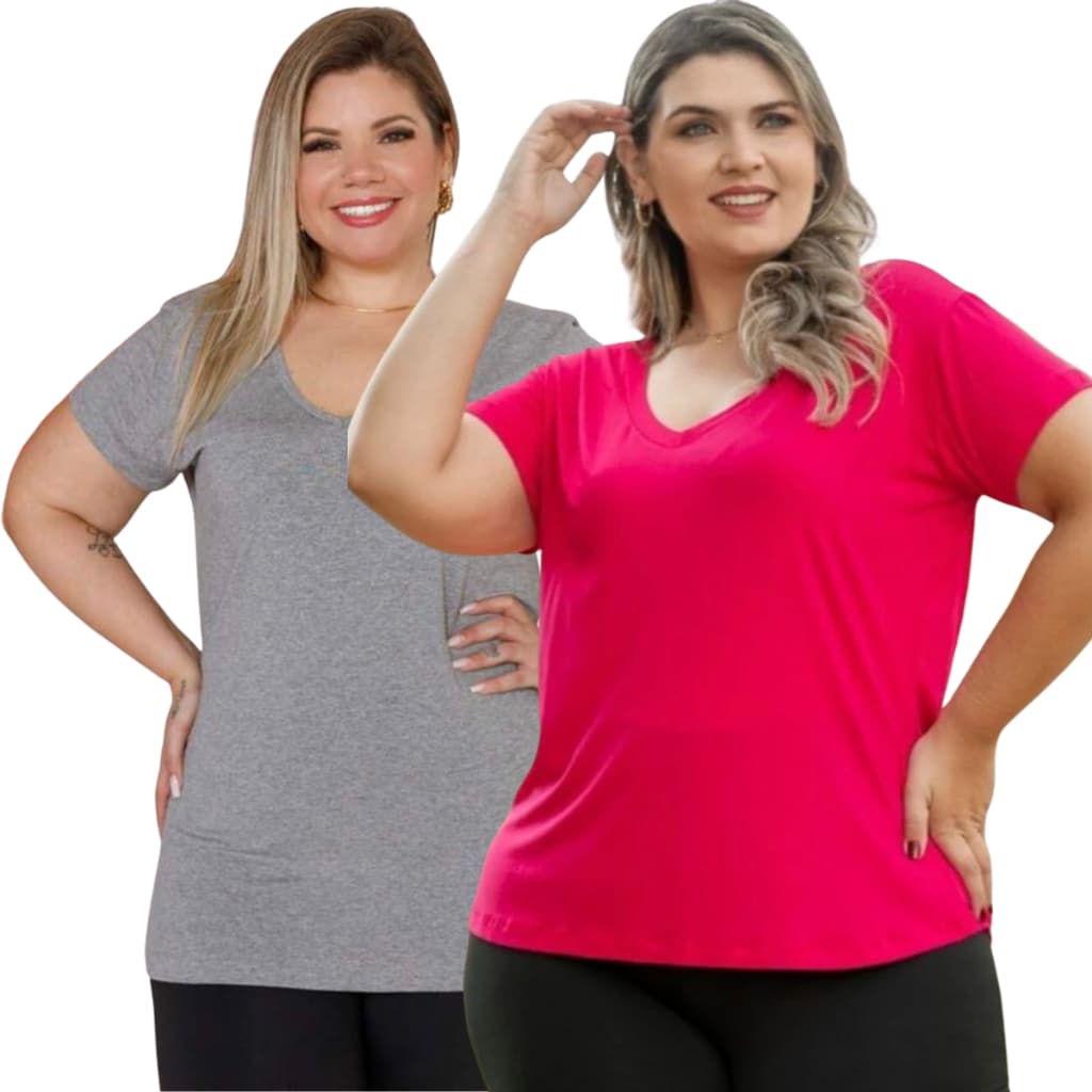 Blusa T shirt Feminina Plus Size Gola V Viscolycra  Feminino Moda Básica Blusinha Academia Fitness Do G1 ao G3 Camiseta