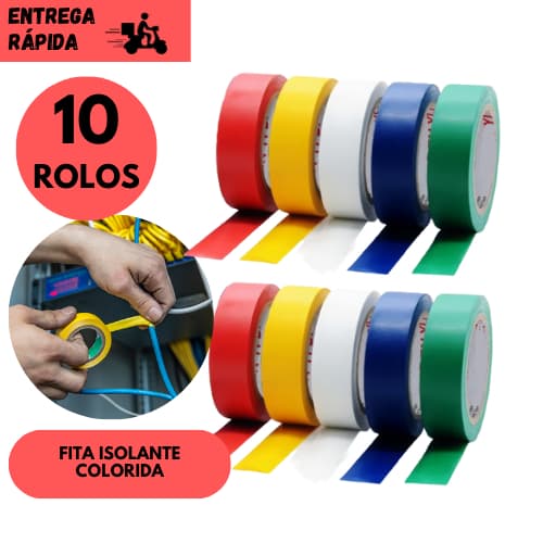 Kit 10 Rolos Fita Isolante Elétrica Colorida Rolo 5M Resistente Diversas Cores Ideal Reparos
