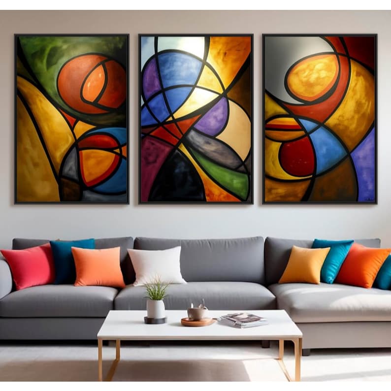 Quadro Decorativo 3 Peças Abstrato Vibração de Cores em Harmonia