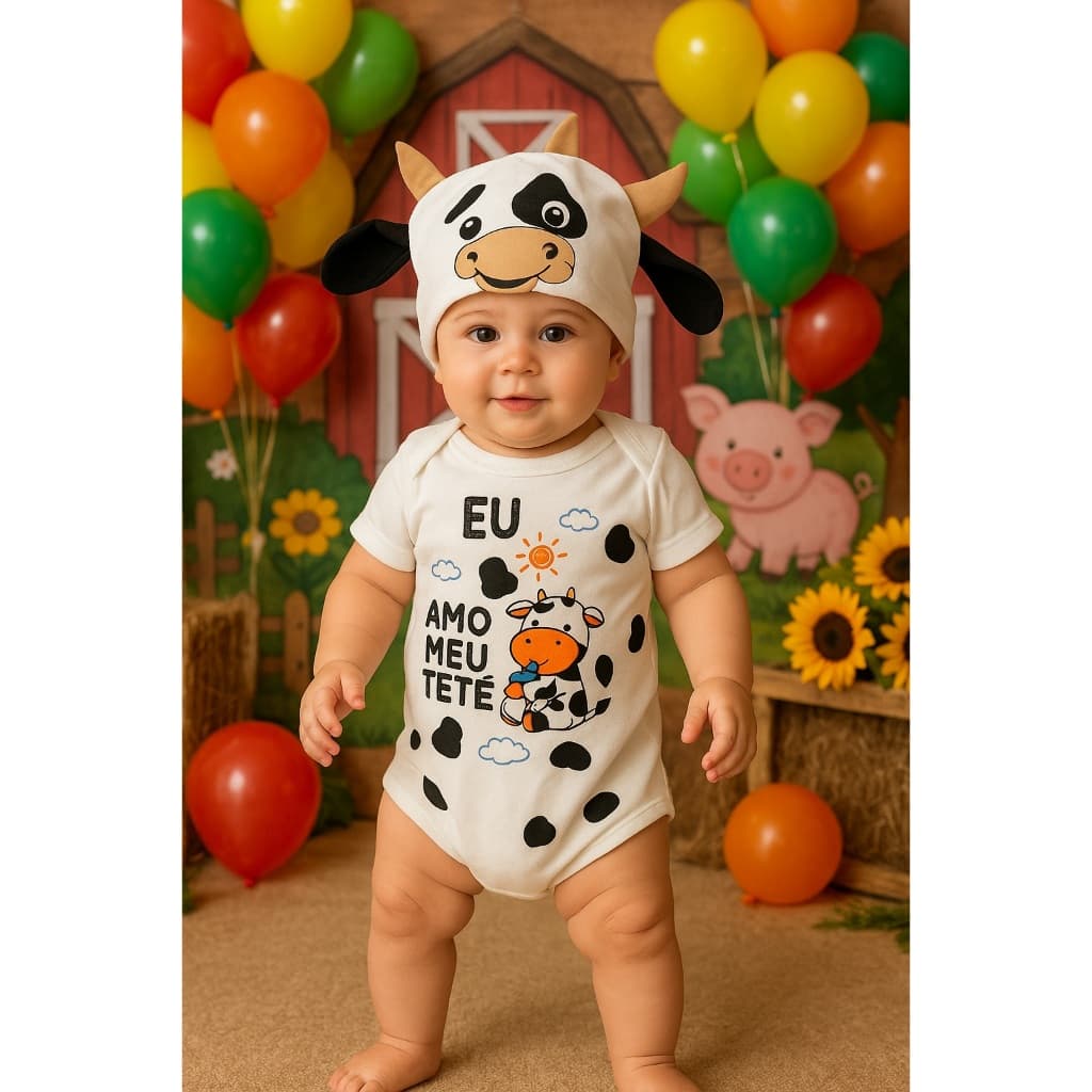 Body mesversario tematico fantasia bezerro vaquinha eu amo meu tete menino infantil