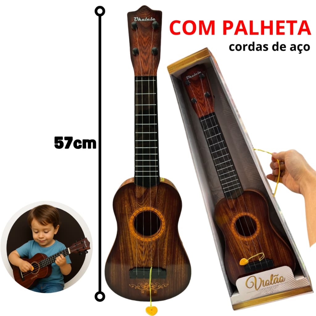 Brinquedo Mini Violão 57cm C/ Palheta Cavaquinho Musical Infantil Ukulele Estilo Madeira Semi Profissional Cordas Aço