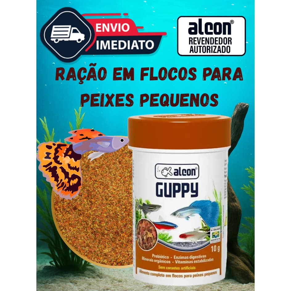 Ração Alcon Guppy 10g em Flocos - Peixe Pequeno Guppy, Tetra, Molinesia, Platy - Alimento Completo