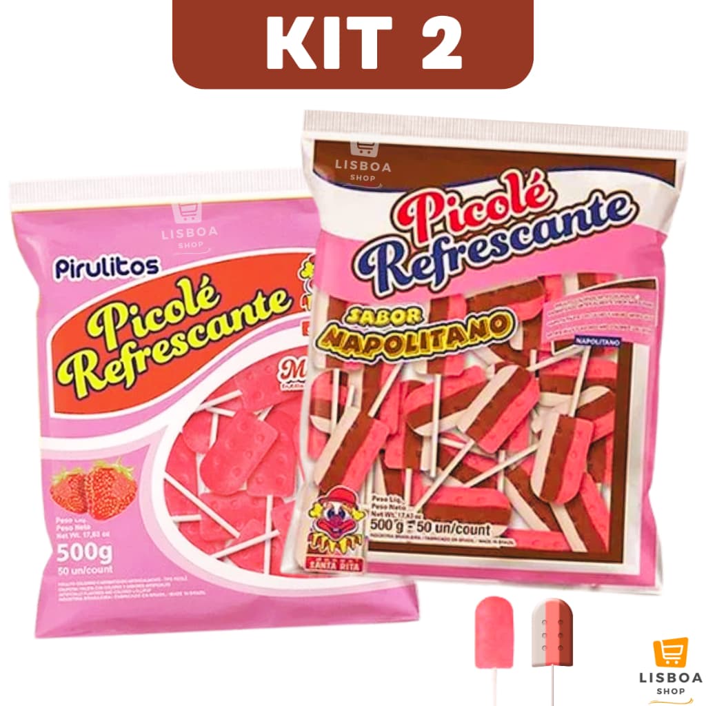Pirulito Picolé Napolitano Morango Kit 2 Pacotes 500g C/50un cada - Santa Rita