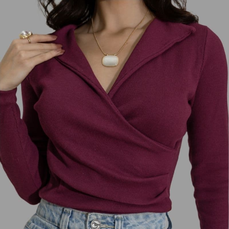 Blusa Cropped Elegante Canelada Transpassada Gola V tendência
