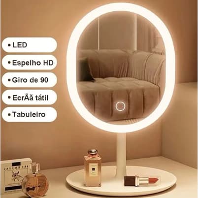 Espelho De Maquiagem Inteligente Recarregável Luz LED Ajustável Oval Dobrável Portátil Para Viagens