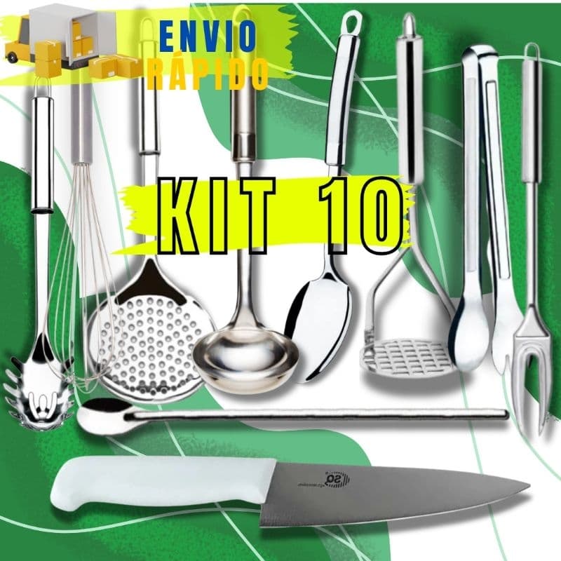 Conjunto Utensílios De Cozinha Jogo Completo Kit Com 10 Peças  Aço Inox Concha Escumadeira Espátula