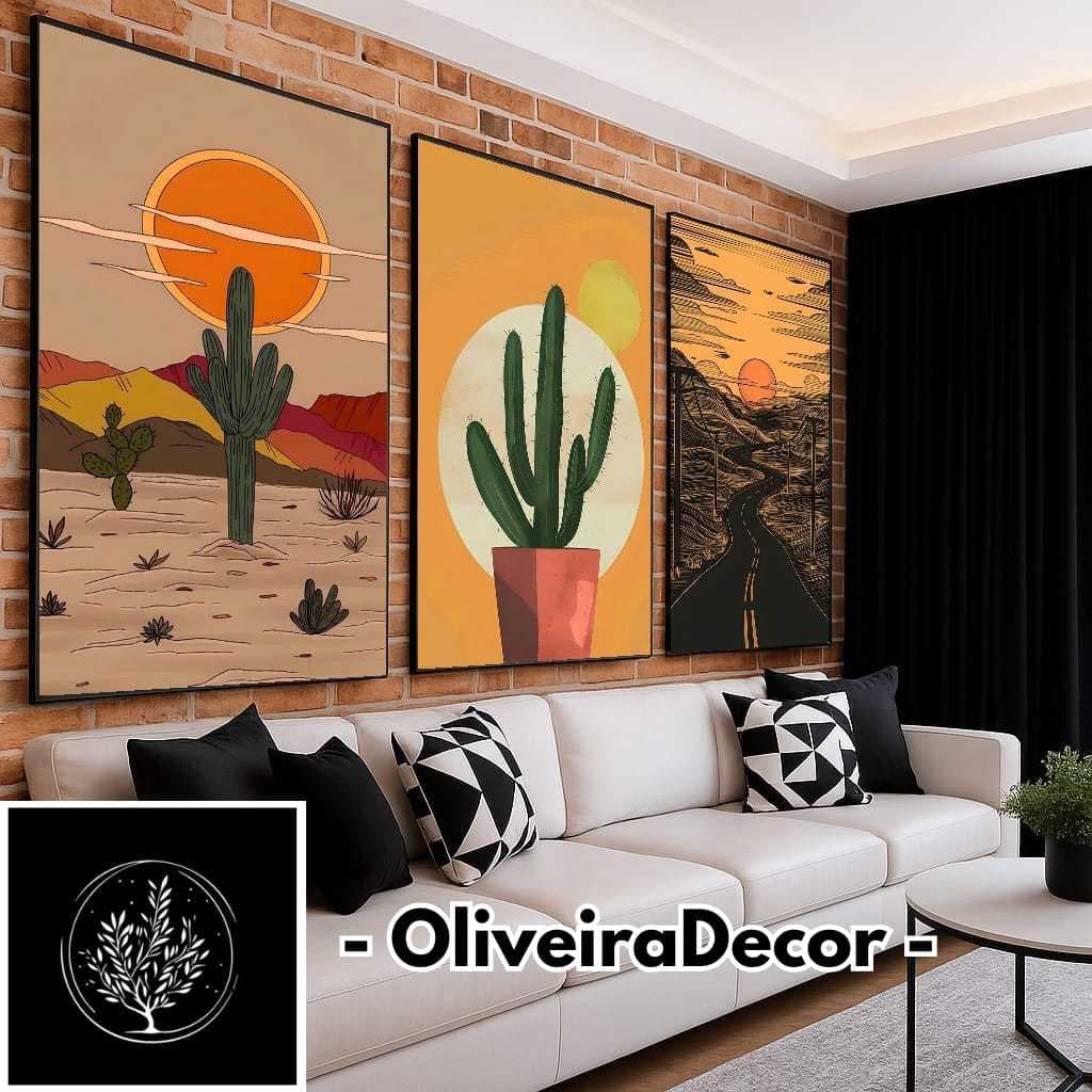 KIT QUADROS DECORATIVOS PAISAGEM QUENTE DESERTO SOL - 3 PEÇAS DECORAR SALA QUARTO ESCRITORIO