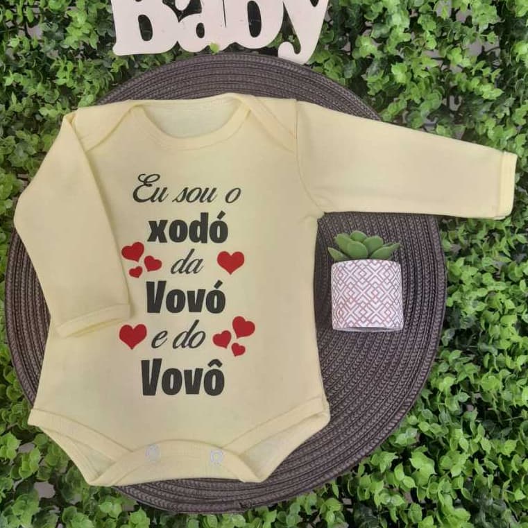 Body Manga Longa Vovô e Vovó para Bebê Frase em Silk 100% Suedine