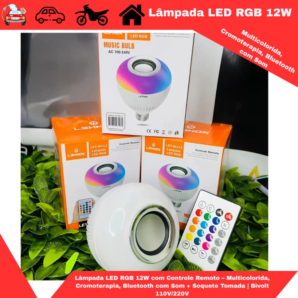 Lâmpada LED RGB 12W com Controle Remoto – Multicolorida, Cromoterapia, Bluetooth com Som + Soquete Tomada | Bivolt