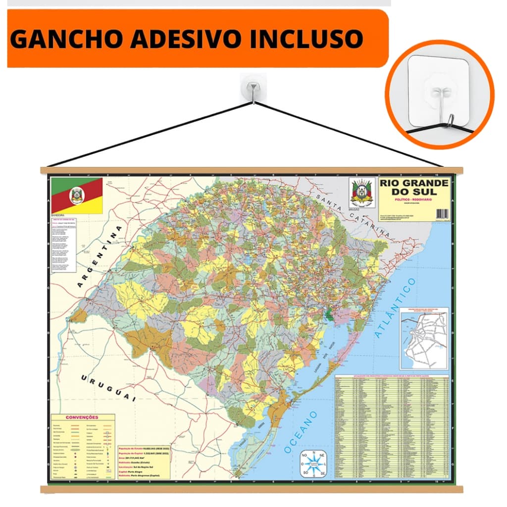Mapa Rio Grande do Sul Banner + Gancho Autocolante Pronto Para Pendurar Tamanho 120x90cm