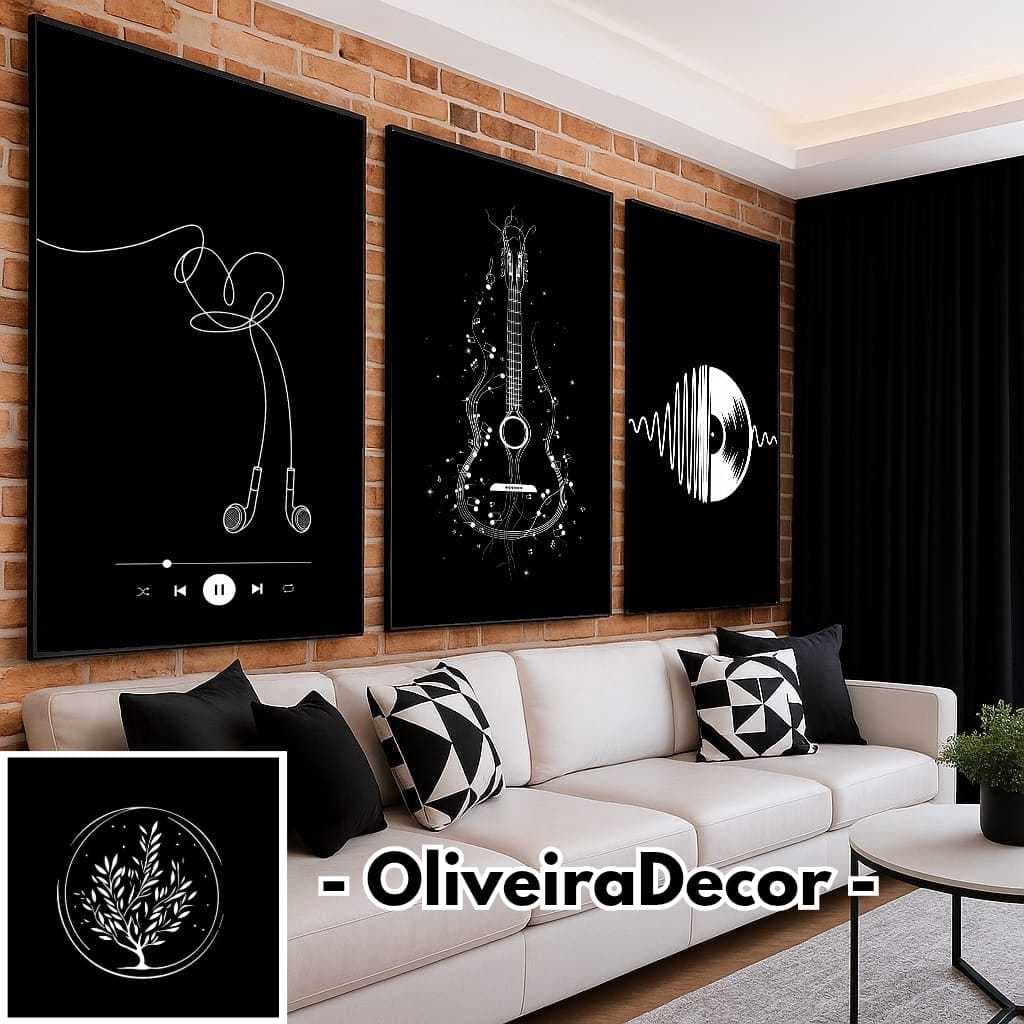 KIT QUADROS DECORATIVOS MUSICA INSTRUMENTO MUSICAL VIOLAO  - 3 PEÇAS DECORAR SALA QUARTO ESCRITORIO