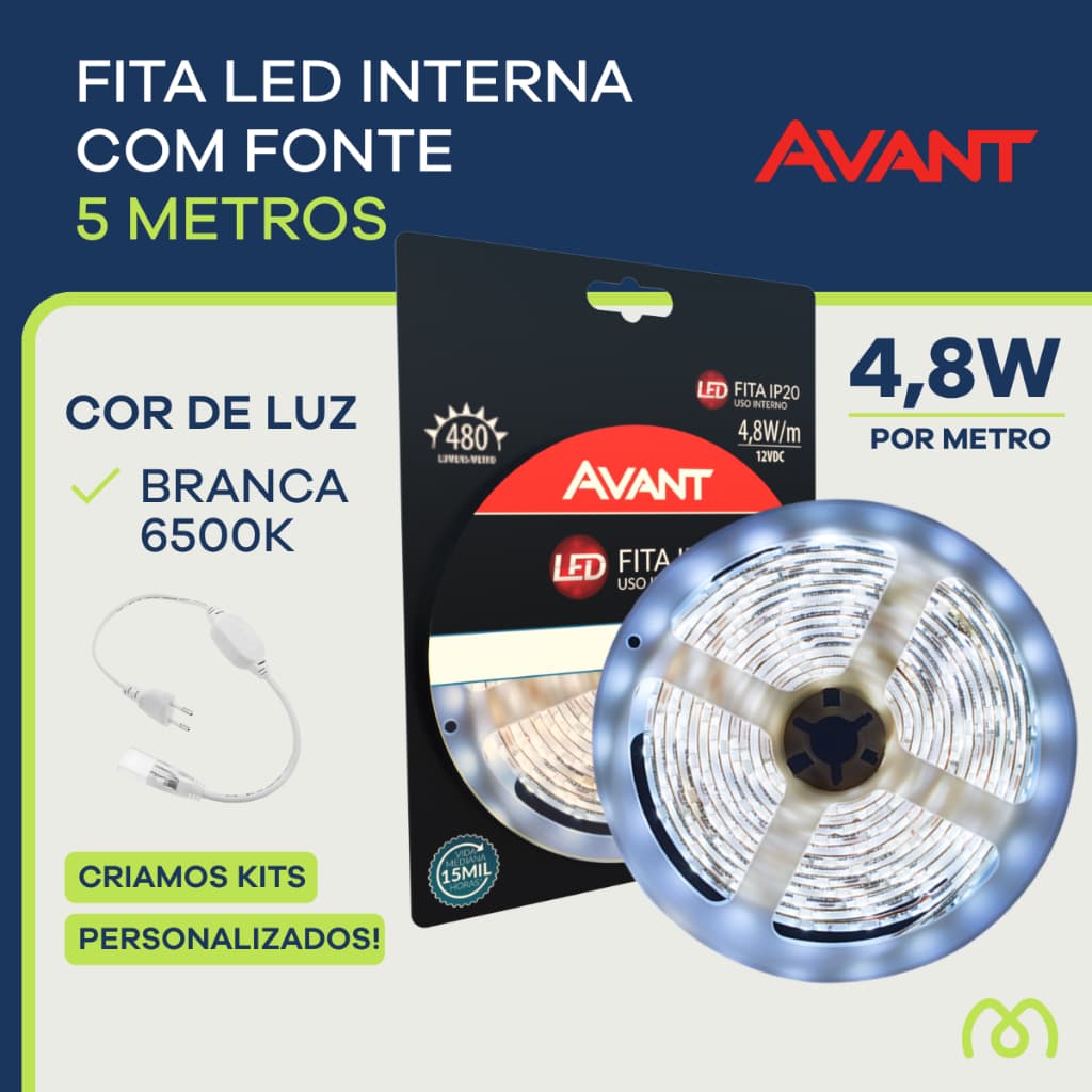 Fita LED Interna 5 Metros 4,8W/m com Fonte 12V Potente Luz Fria 6500K Vitrine Loja Decoração Avant