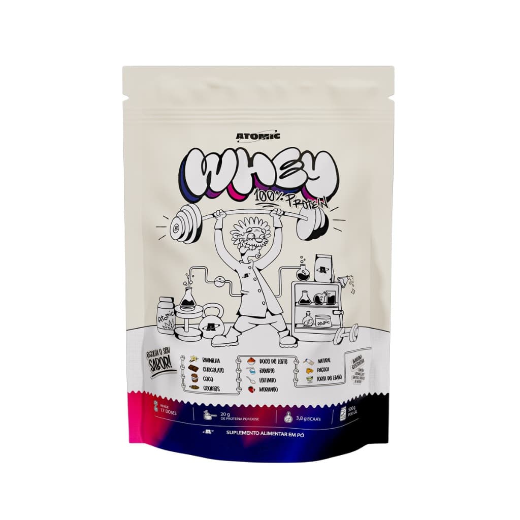 Whey Protein 100% Concentrado 500g Refil Atomic Labs – 11 Sabores, Alta Qualidade e Sabor