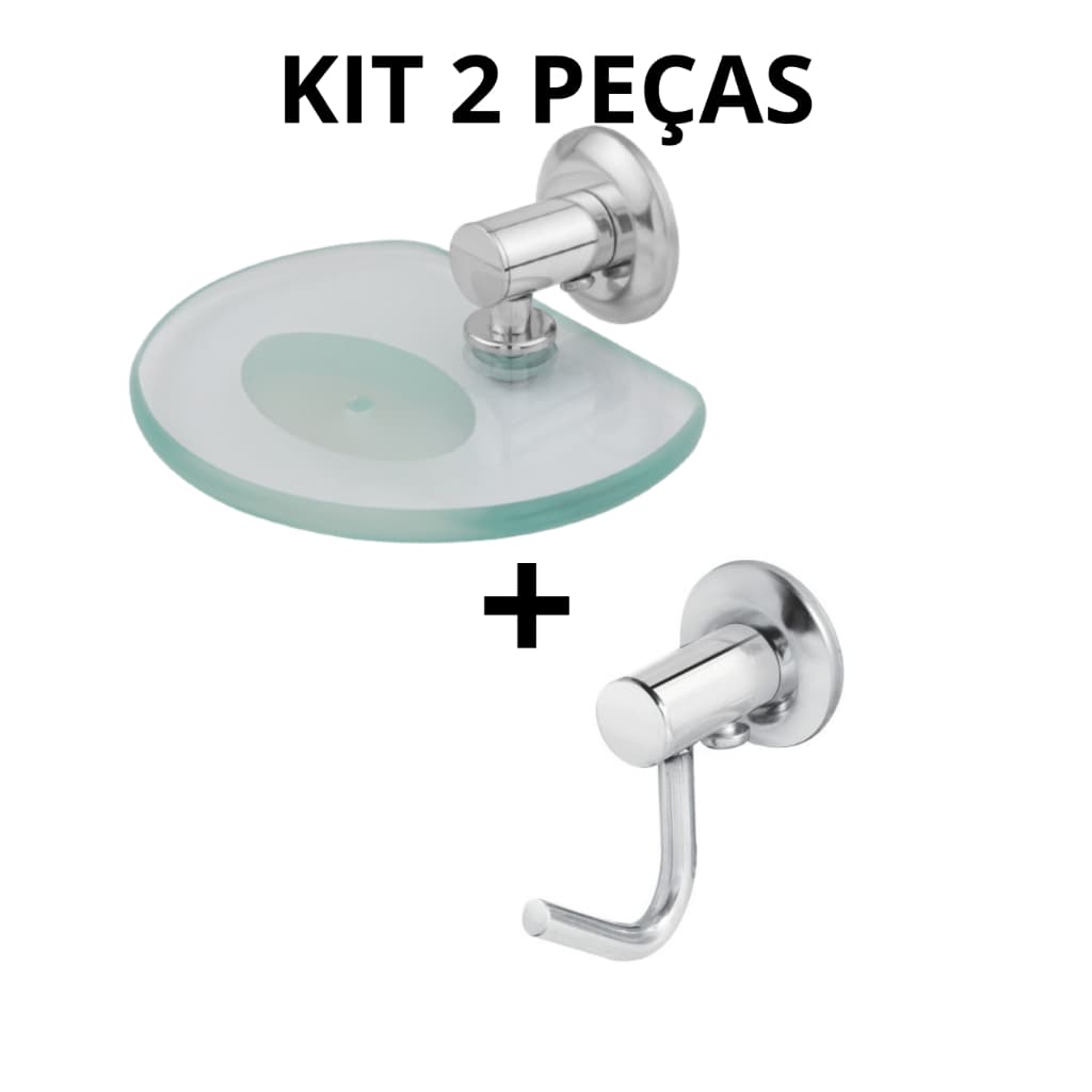 Kit Acessorios para Banheiro 2 Peças Saboneteira de Vidro Cabide 1 Gancho