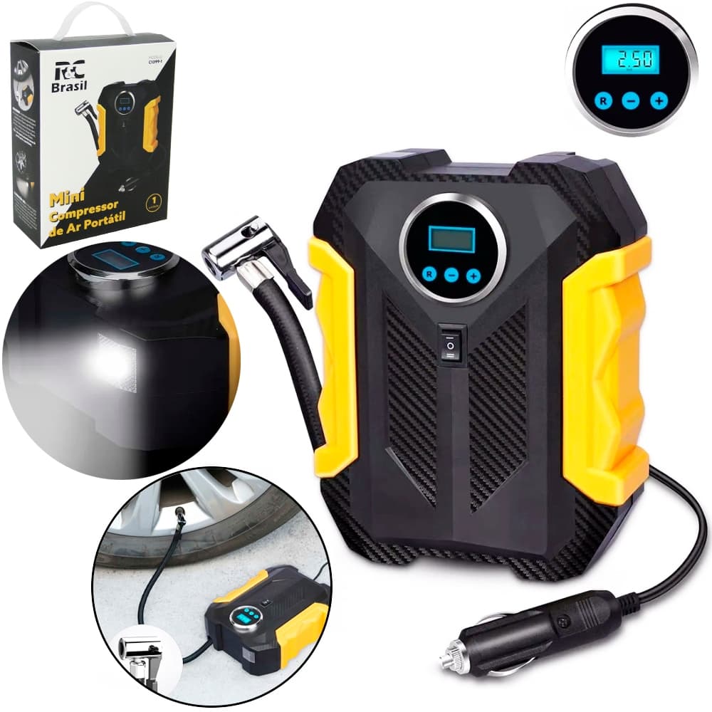 MINI COMPRESSOR DE AR PORTATIL AUTOMOTIVO 12V PLASTICO COM CALIBRADOR + LANTERNA
