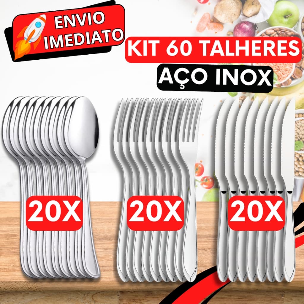 KIT Jogo de Talher 60 PEÇAS 20 Garfo 20 Colher 20 Faca Aço Inox Polido Resistente para Casa Cozinha Restaurante Buffet