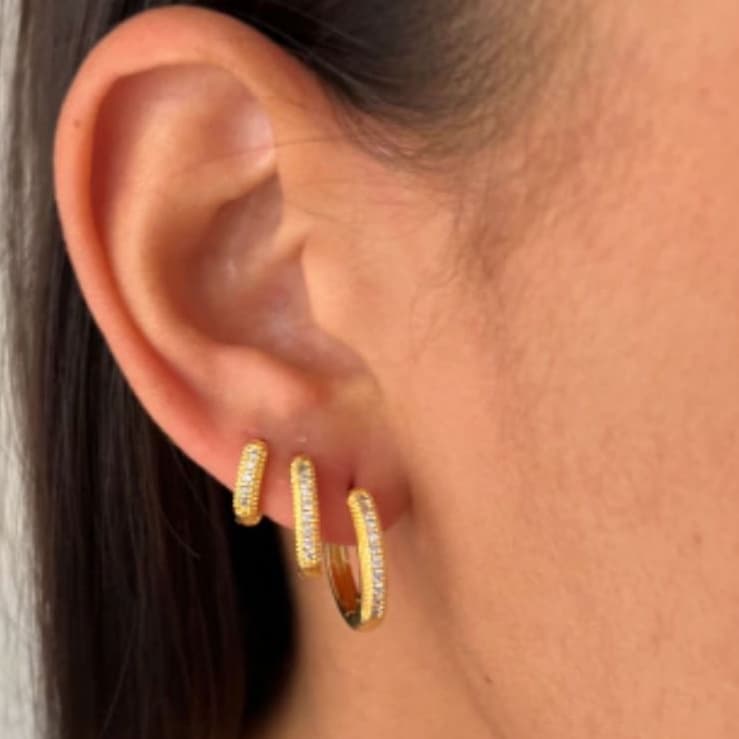 Brinco argola trio cravejado banhado a ouro