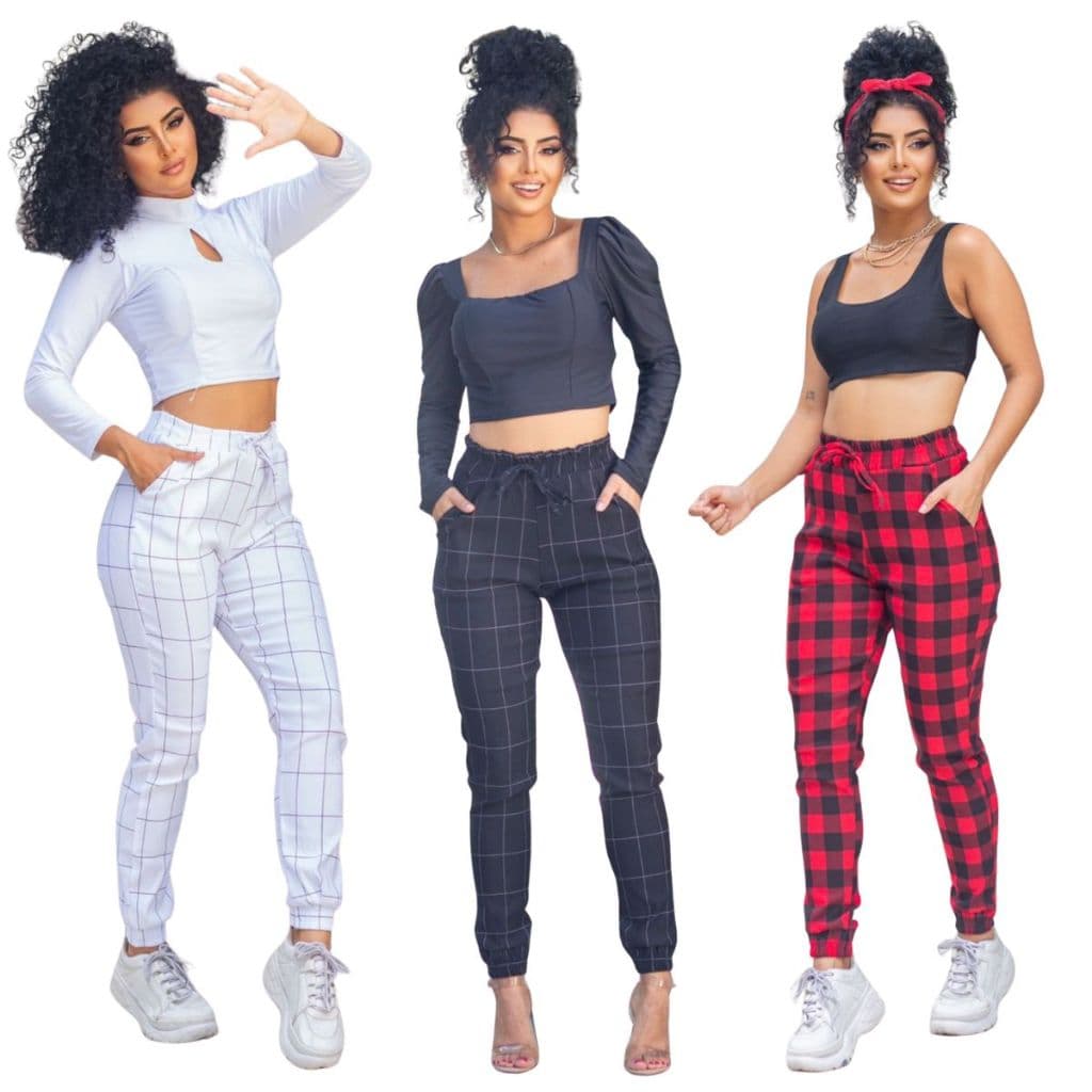 Calça Jogger Quadriculada Calça Xadrez Calça Bengaline Calça Feminina Verde Militar Listrada Lisas