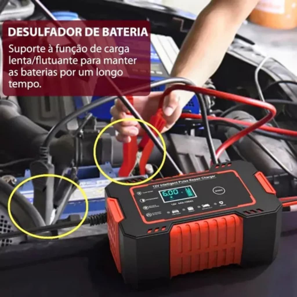 Carregador de Bateria com Fio para Carro e Moto 12V Emergência Automotiva