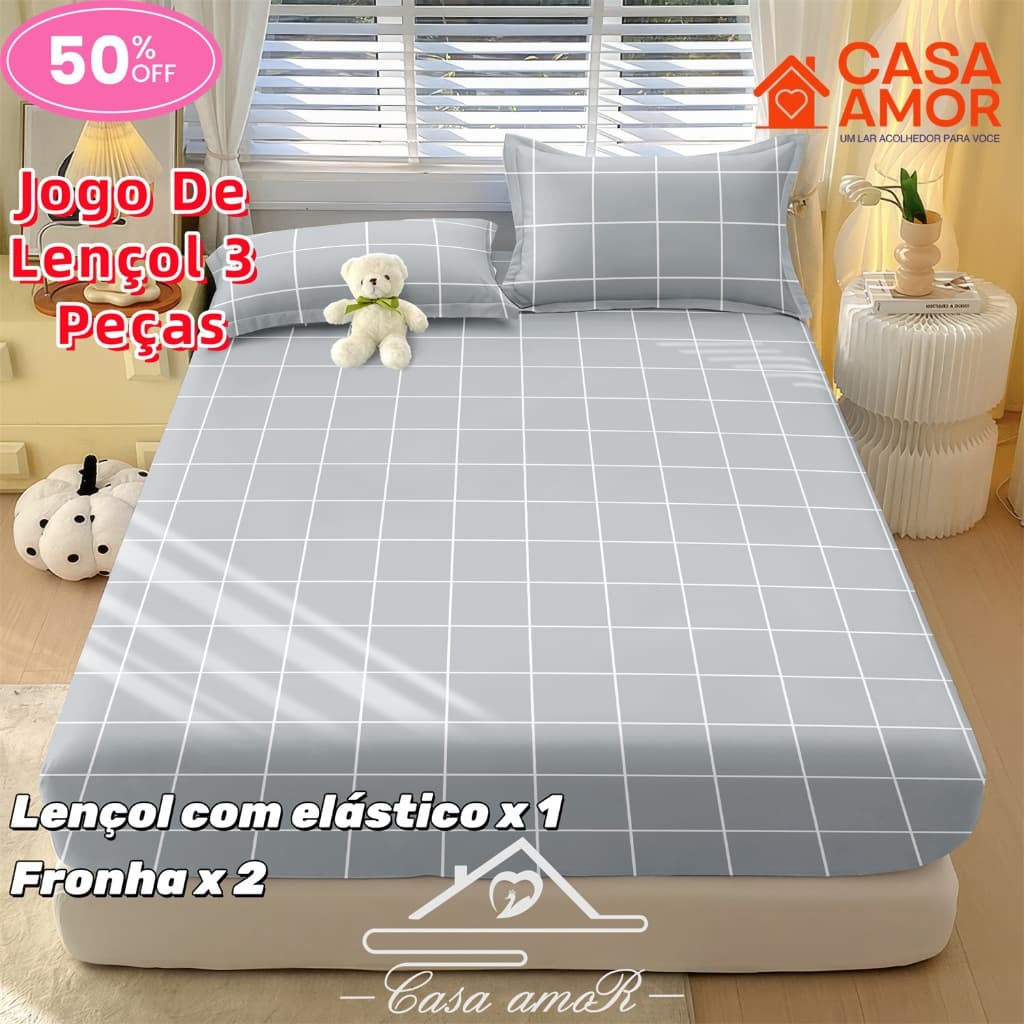 Jogo De Lençol Grade Cinza 02 03 Peças SOLTEIRO/ CASAL/ QUEEN Percal Ponto Palito Estampado