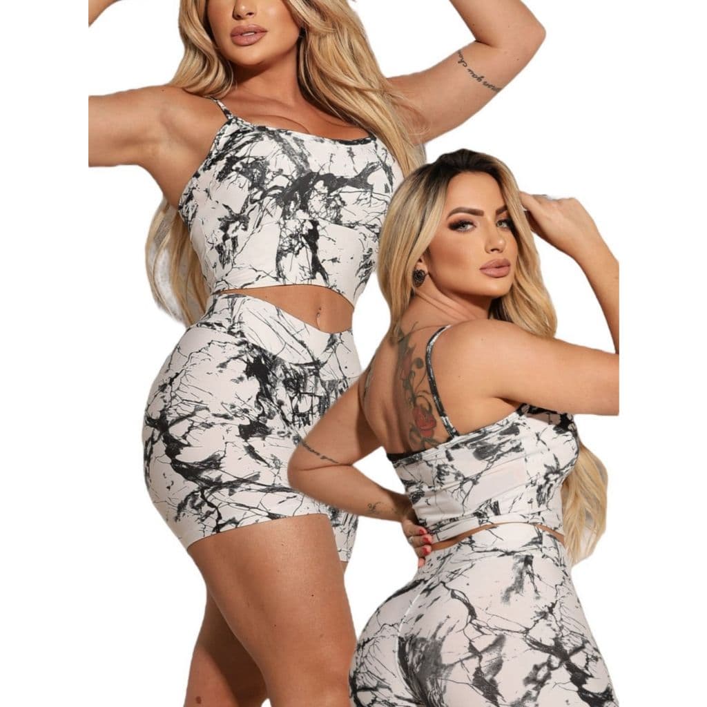 Conjunto Fitness Feminino Marmorizado Top Cropped com Bojo + Short Cintura Alta | P ao GG