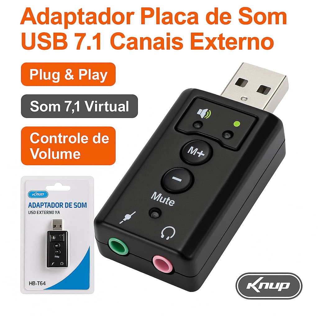 Adaptador Placa de Som USB 7.1 Canais Externo KNUP HB-T64 – Áudio Estéreo para PC e Notebook