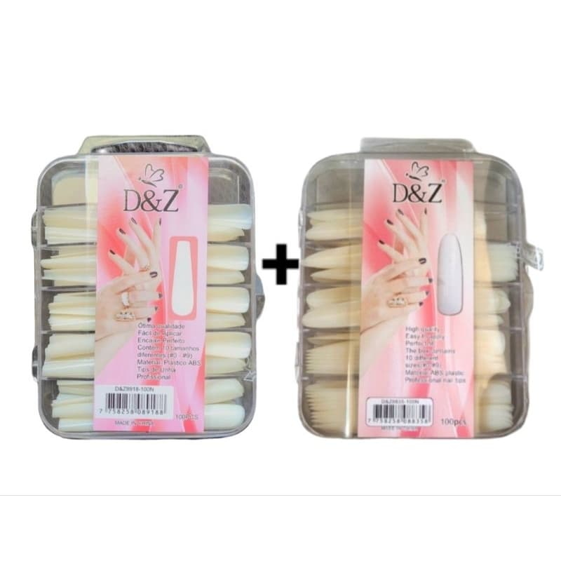 KIT 200 Unhas Postiças Bailarina e Almond Extra Longa D&Z kit 2 caixas com 100 peças de cada.