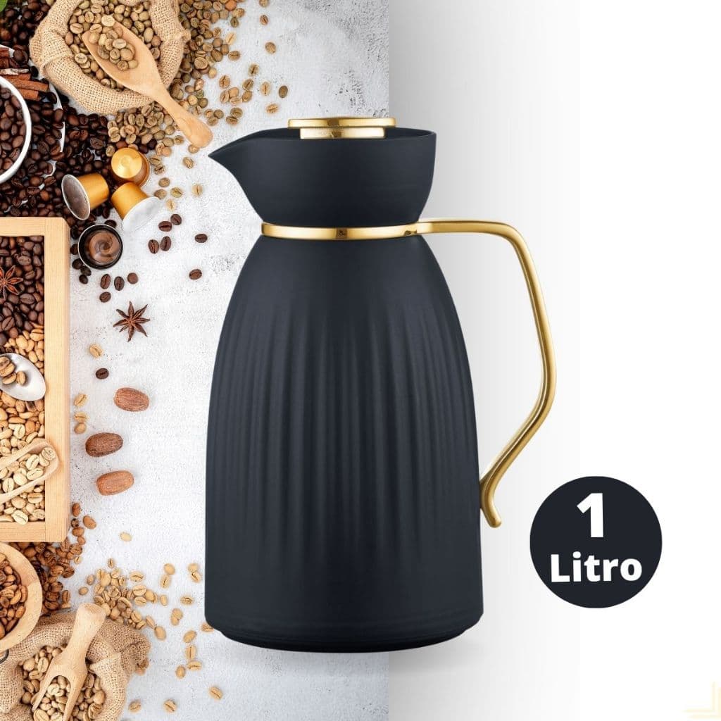 Garrafa Térmica 1 Litro Café Chá Jade Preta e Dourada Botão Click Premium Mesa Posta Minimalista