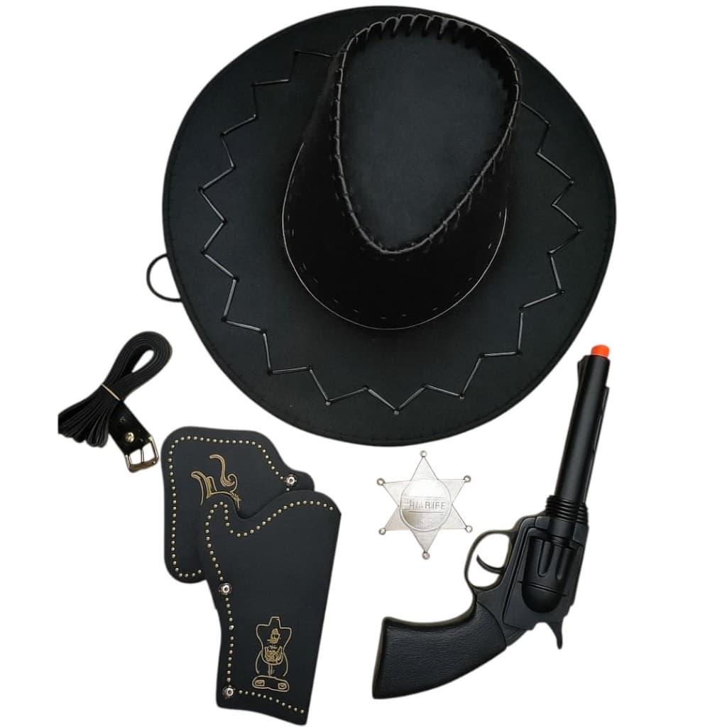 Kit Chapéu Cowboy Country Coldre Adulto Infantil Preto Marrom Xerife Festa Carnaval Cosplay Fantasia