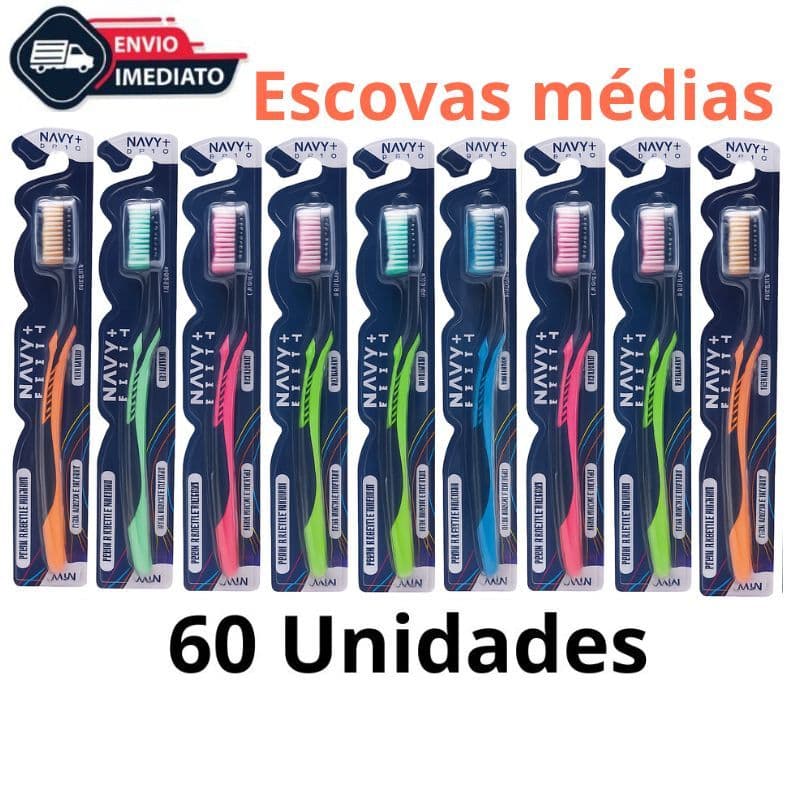 Kit 60 Escovas De Dente Media Adulto Com Capa Protetora e Limpador De Lingua escova dental