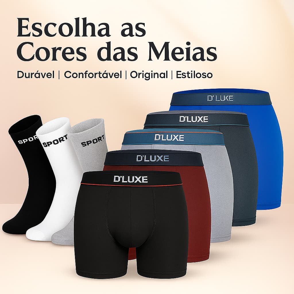 Kit 10 Cuecas Boxer Adulto + 12 Pares Meias Sport Longa Grossa